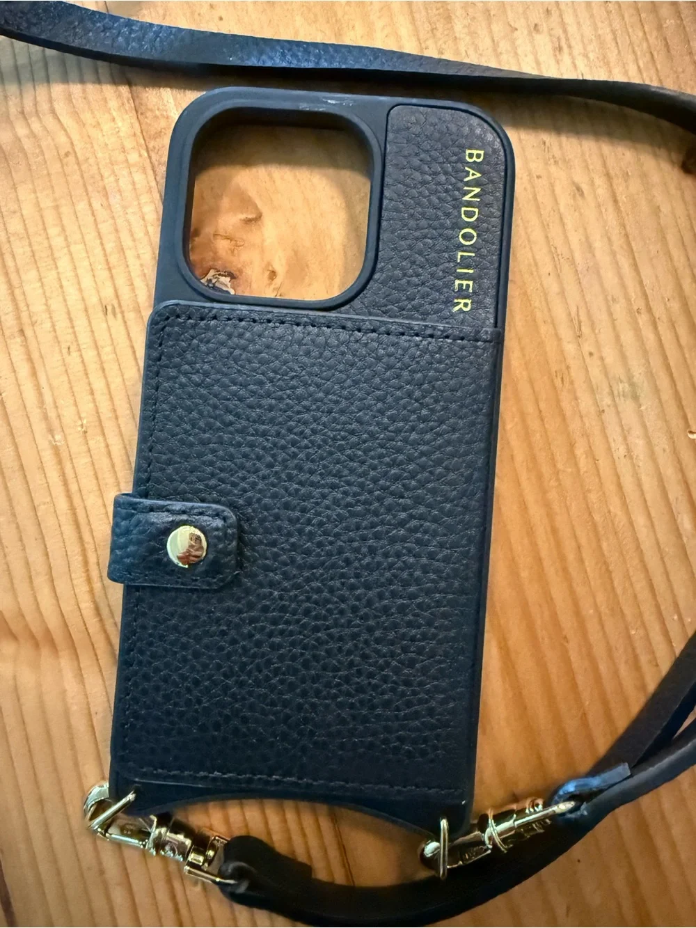 Bandolier Black Leather Crossbody Wallet Case with Gold Hardware and strap